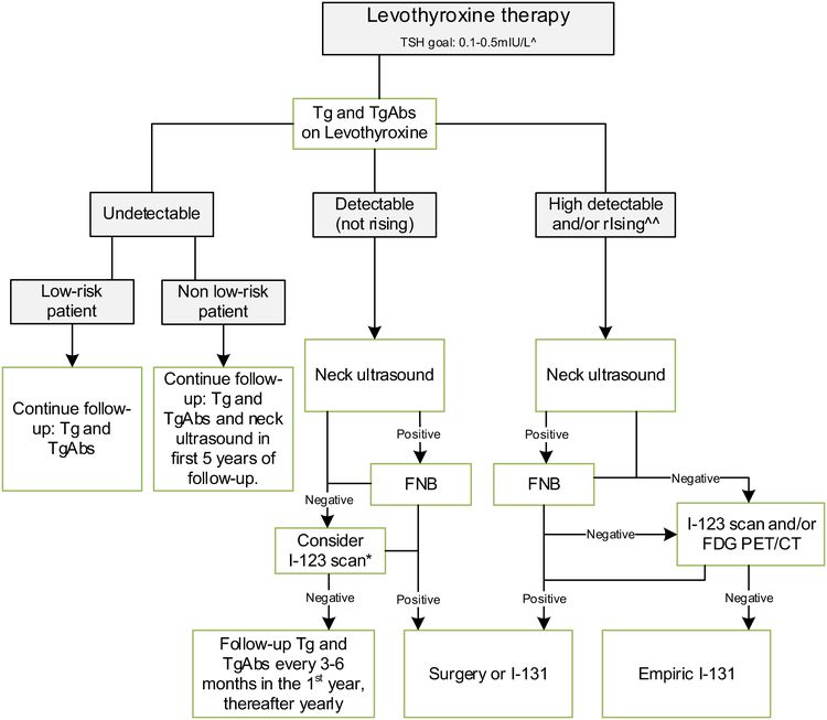 Flowchart showing the follow-up of children with differentiated thyroid carcinoma who achieved complete remission after initial treatment with total thyroidectomy and I-131. Flowchart showing the follow-up of children with differentiated thyroid carcinoma who achieved complete remission after initial treatment with total thyroidectomy and I-131.